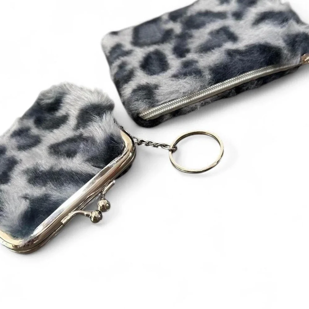 NWOT Fuzzy Animal Print Keychains with Gray Base & Silver Hardware